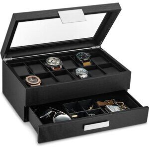 Watch Box with Valet Drawer for Men - 12 Slot Luxury Case Display Organizer